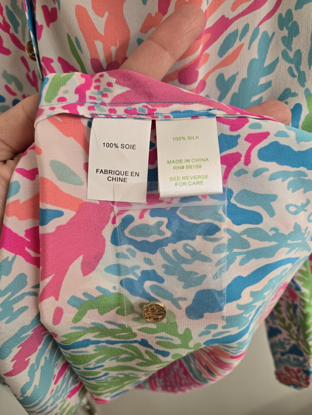 Lilly Pulitzer Elsa Silk Top Let's Cha Cha Pink Multi Coral-Print, Size L - Picture 12 of 15